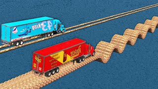 Two Trucks Vs Impossible Wave And Parallel Log Bridge Crossing Deepwater - Beamng.drive