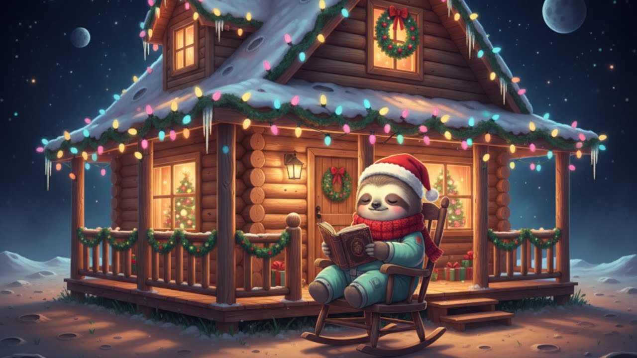 Space Sloth on Moon with Cozy Cabin and Christmas Lofi for Relaxing, Studying, Sleeping, Working