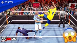 WWE 2K23 - Messi, Neymar & Haaland vs. Cristiano, Benzema & Mbappe - Elimination Tag Team Match | 4K