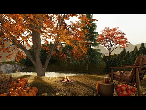 Campfire by the Lake in Autumn Ambience with Relaxing Birdsong and Lake Waves Sounds