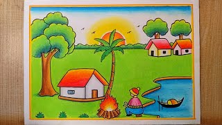 Winter season drawing easy| How to draw Winter Season Village drawing| Winter Scenery drawing easy
