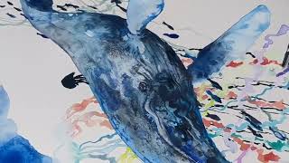 みずみずしい水彩画】くじらと一緒に泳いでいるようなリラックスした