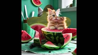 Cat vs Watermelon. Perfectly Refreshing. Cat Drinks Watermelon Juice.Watermelon Kitty