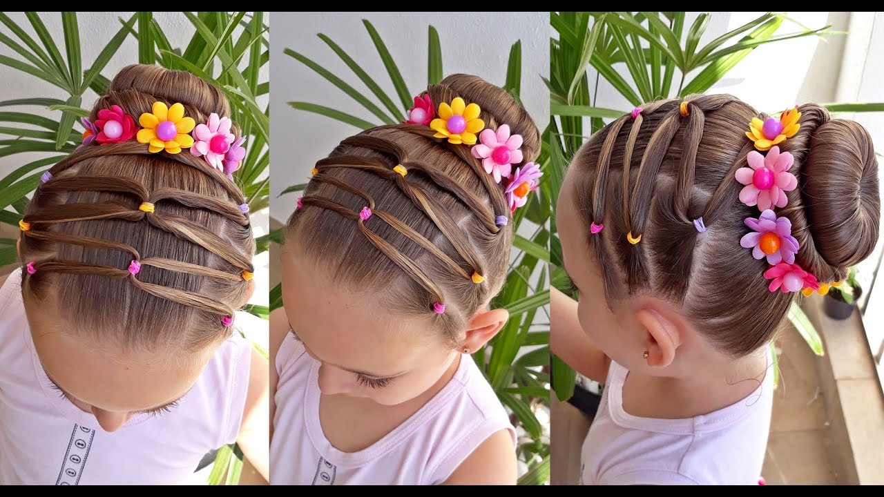 Penteado Infantil com coque, flores e ligas coloridas - thptnganamst.edu.vn