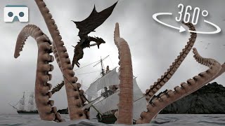 360 Kraken eating a Ship VR Video: 8K Virtual Reality scary 3D Video with Wyverns and Sea Monsters