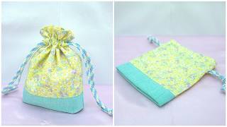 巾着袋の作り方 裏地付き折マチ付きポーチ How to make a drawstring