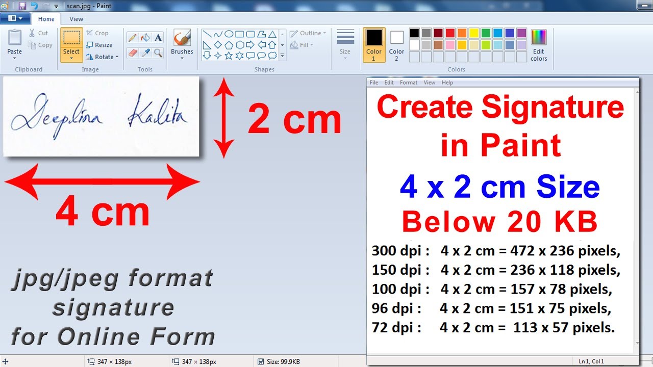 How To Create Signature in Paint Size 4 x 2 cm JPG format below 20 KB