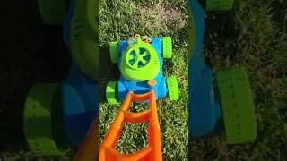 Grass Cutting with Dad and Kid | push lawn mower, safety gear  and bubble pop lawn mower