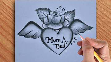 New idea of mom dad in flying heart with a beautiful 🌹 drawing with pencil