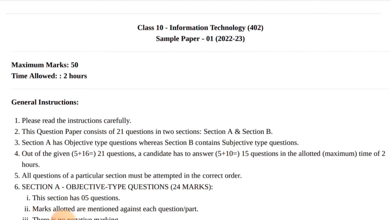 Class 10 Information Technology CBSE Sample Paper 2023-24 | CBSE IT 402 ...