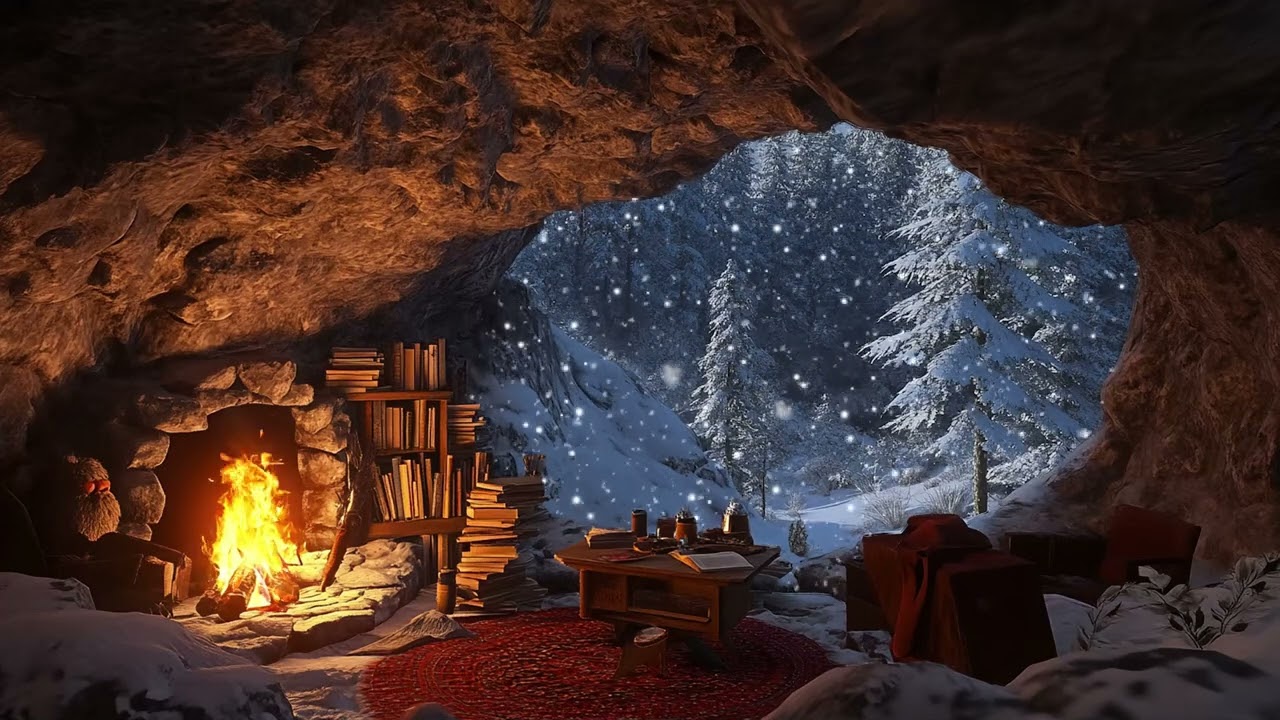 Winter Blizzard Ambience in a Deep Cave with Crackling Fire | Study Focus Sleep Relax
