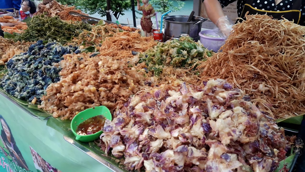 ดอกไม้ ทอด เกาะ เกร็ด  New Update  ป้าอู๊ด ดอกไม้ทอด ผักทอดเกาะเกร็ด#Street Food Thailand