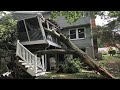 Dangerous Idiots Tree Felling With Chainsaw, Heavy Big Tree Removal Fails Falling On Houses