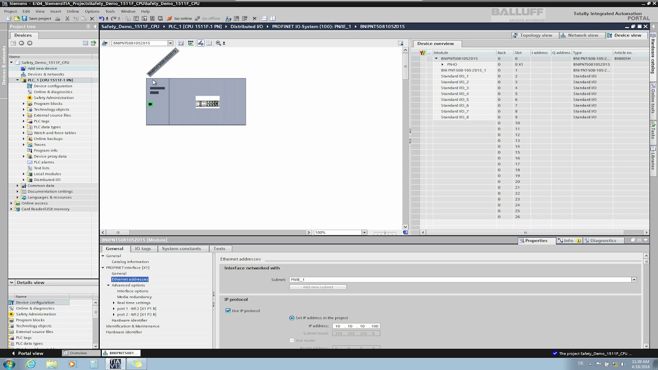 Integration of PNT IOL Master for Balluff Safety Configuration in TIA