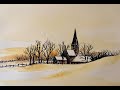 How To Paint A Beautiful Ink & Watercolour Snow Landscape, loose watercolor Christmas Card Tutorial