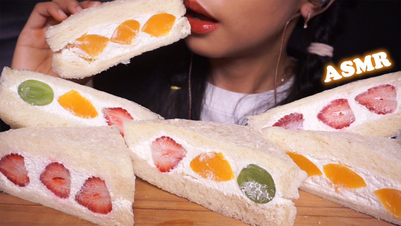 ASMR Fruit Sando (Fresh Cream FRUIT SANDWICH) 🍓🍇🍑 | Eating Sounds