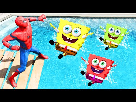 GTA 5 Water Ragdolls Spiderman vs SpongeBob vs Green SpongeBob vs Red SpongeBob Jumps/Fails (Funny)
