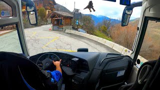 Bus Driving Uphill, Alpin Moutains, France 4K