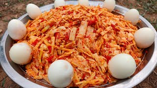 Cooking Pickled Spicy Chilli Bamboo Shoot with Eggs Recipe in Village - Eating Spicy Food