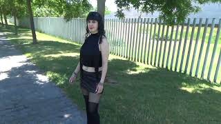 Victoria Devil. Walk in the park with black sexy mini skirt, top, black pantyhose and stilettos