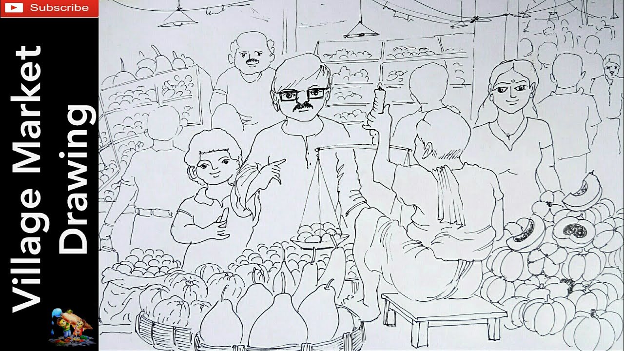 simple market drawing,how to draw village marketstep by step YouTube
