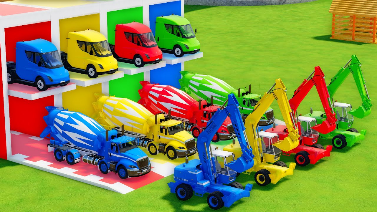 Garage with Colors - ALL MIXER TRUCK WITH DOUBLE FLATBED TRAILER TRUCK, TESLA, PETERBILT, LIEBHERR