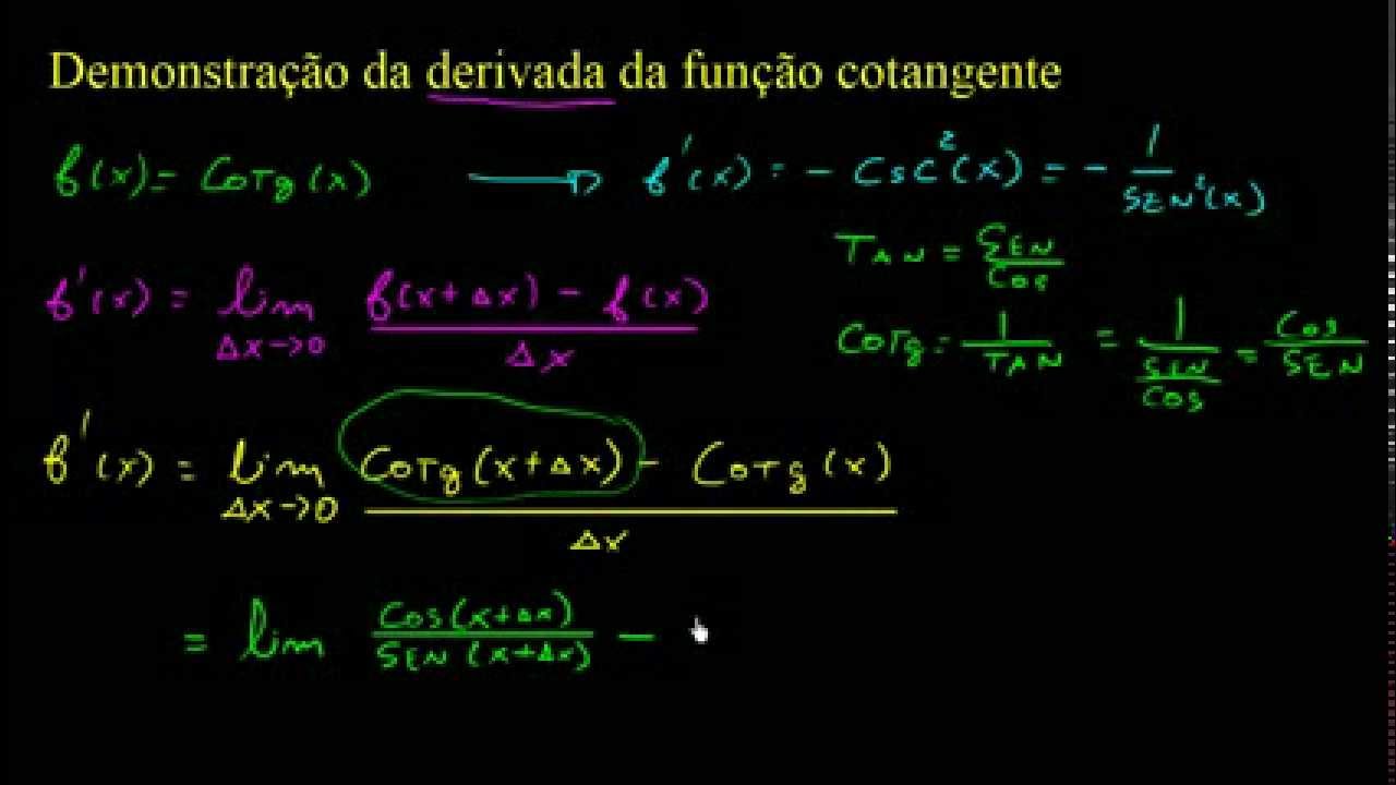 Demonstração da derivada da função cotangente - YouTube
