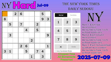 The New York Times Daily Sudoku 2025-07-09 Hard