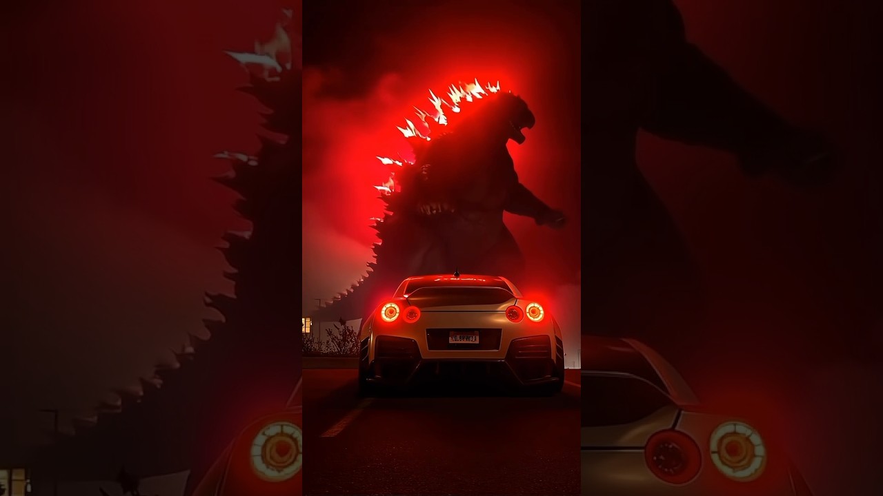 Godzilla behind the racing car unexpected video 