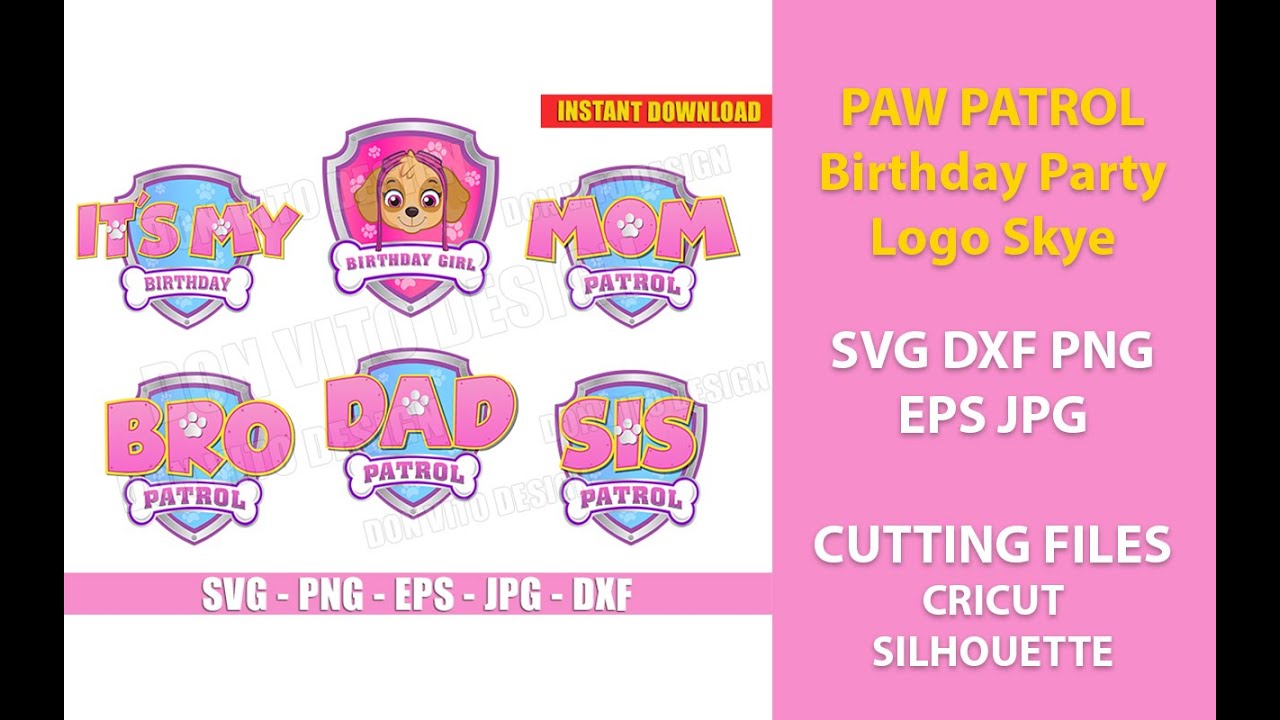 Download Paw Patrol Pink Logo (SVG dxf png) My Birthday Party Girl Cut FileS Skye Face Shield Vector ...