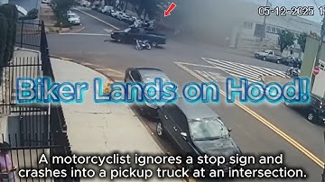 Motorcyclist Flies Onto Pickup Truck After Ignoring Stop Sign | Shocking CCTV Footage