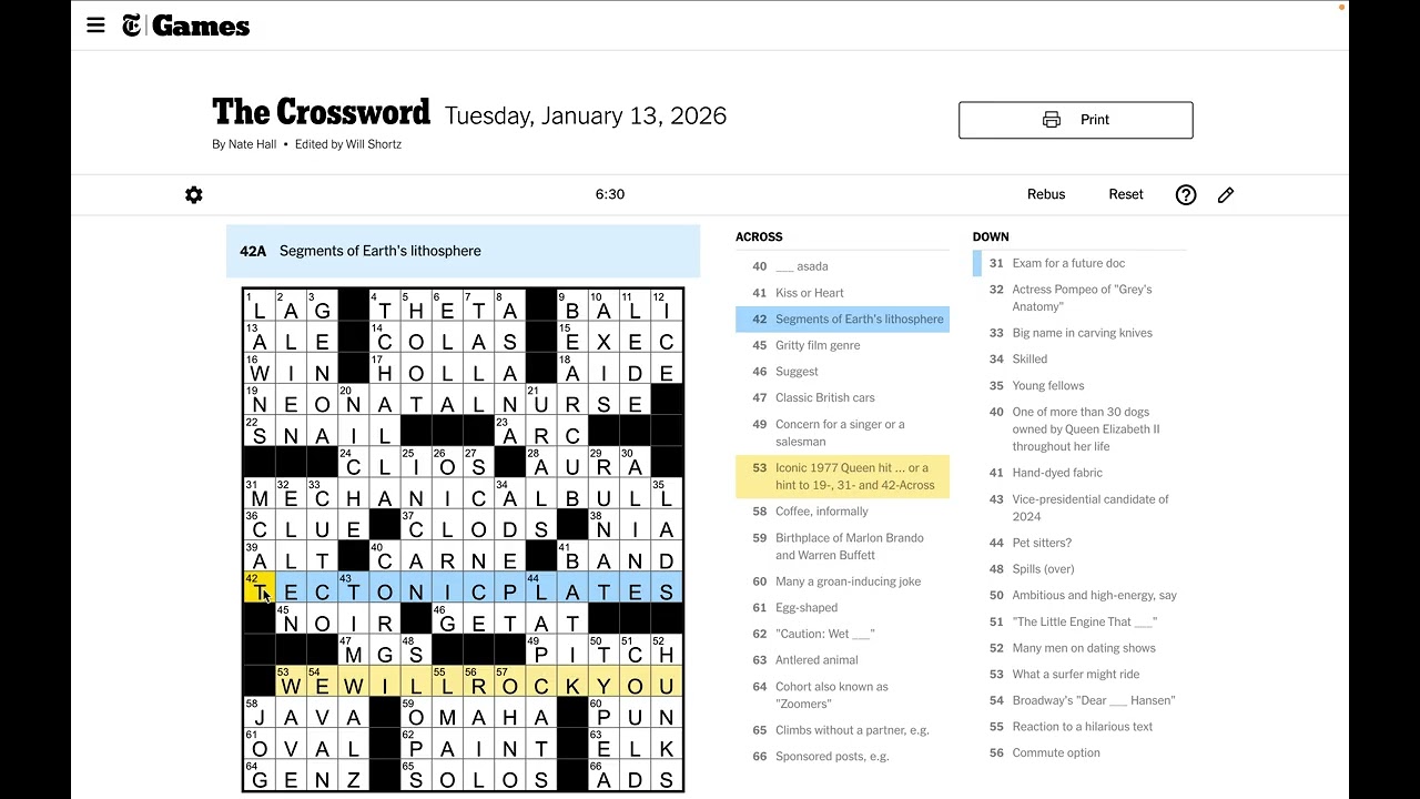 New York Times Crossword Solve - Tuesday Jan 13 2026