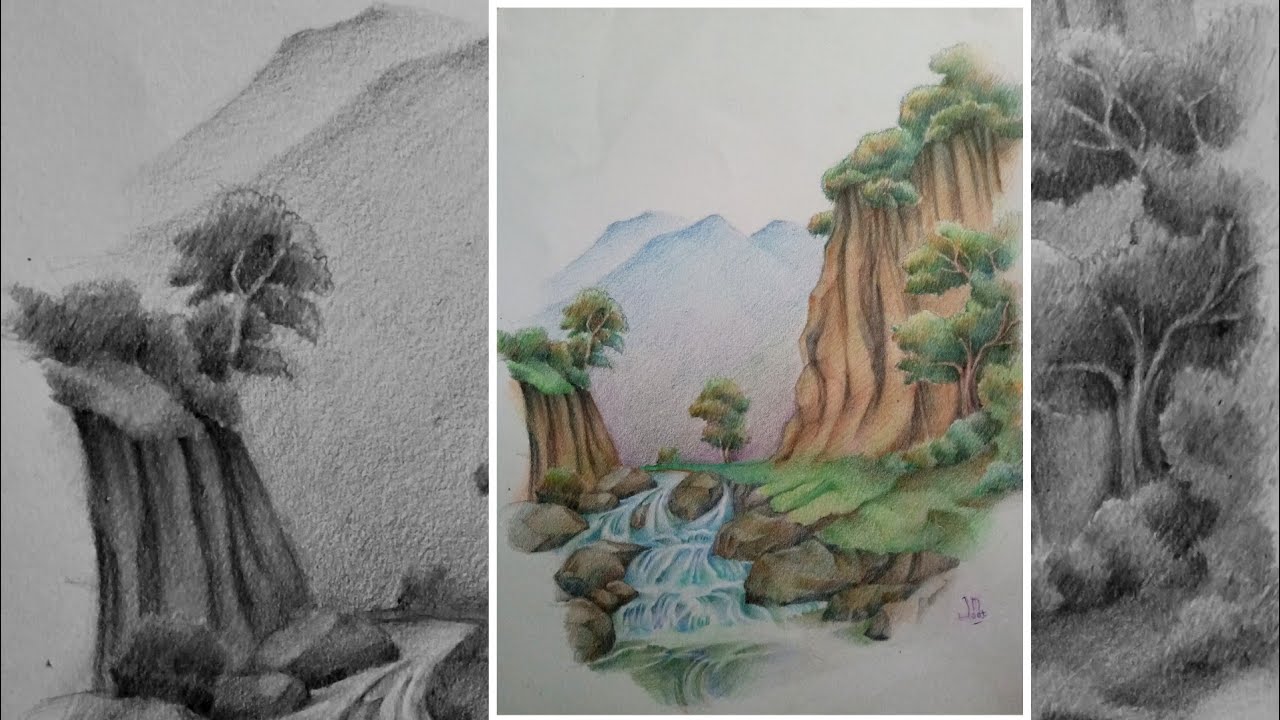 PainTpasteL | Tutorial step by step menggambar tebing dan batu sungai dengan pensil warna.