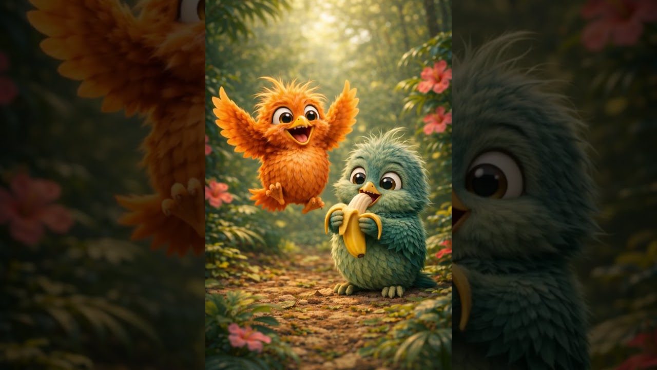 Санни прыгает от восторга, а Сейдж наслаждается вкусным бананом.