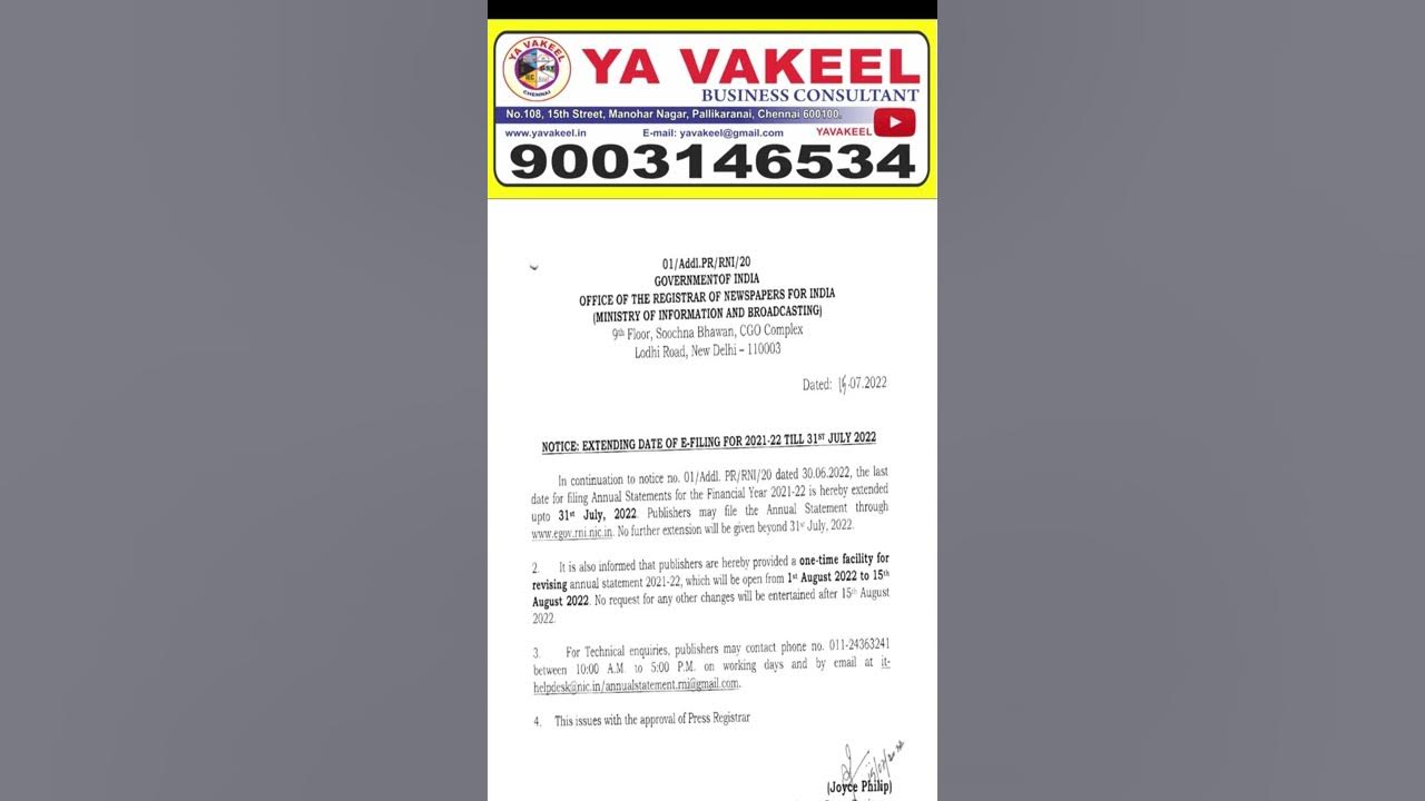 RNI Extension of Efiling of Annual Statement for 20212022 upto 31