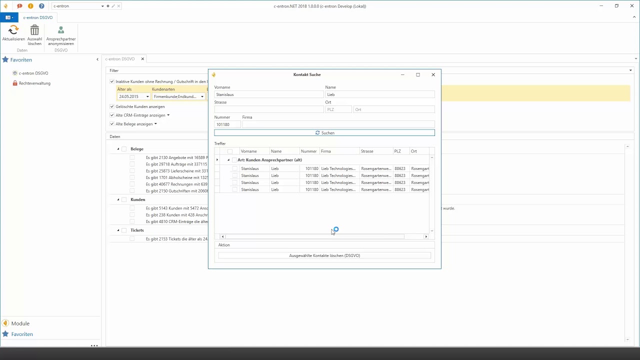 New DSGVO Kunden und Ansprechpartner löschen in der c-entron ERP-Software