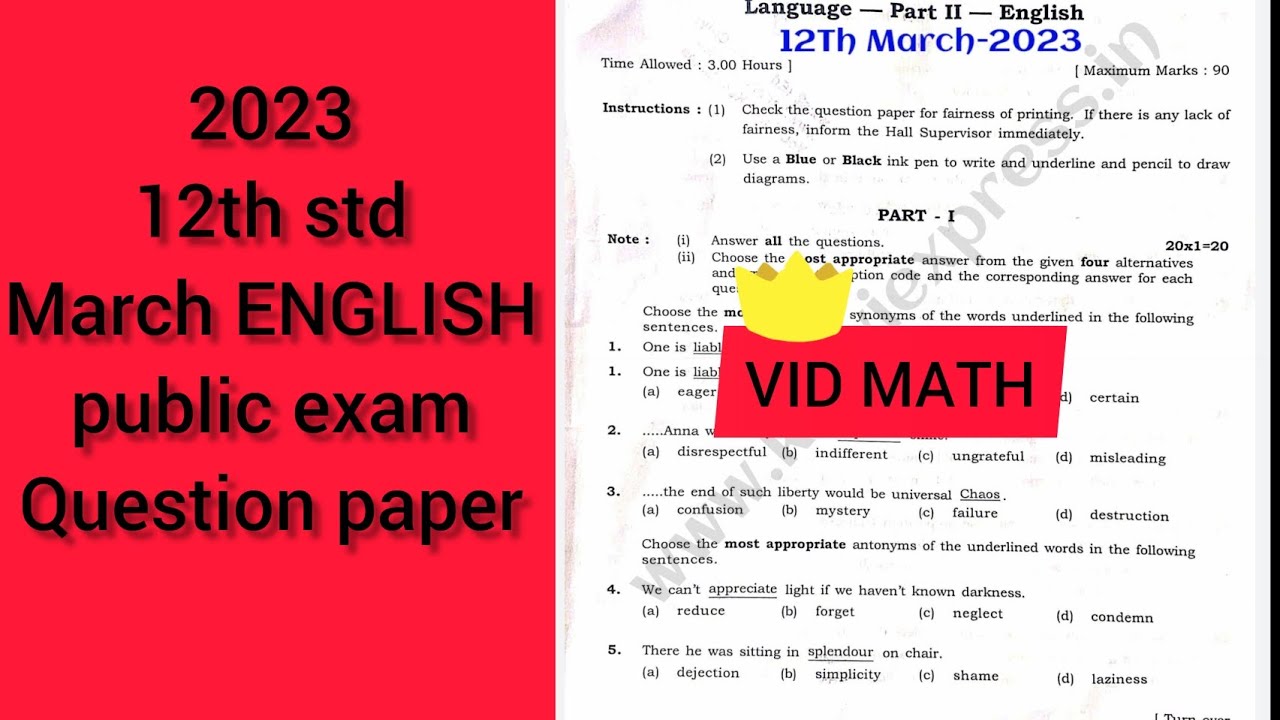 Vid Math 2023 12th std English public exam question paper|TN 12th|vid math - YouTube