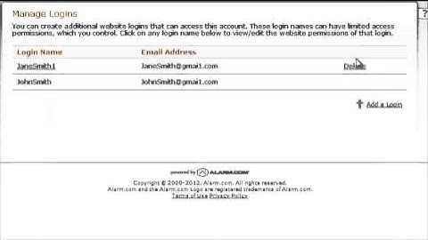 Alarm.com Manage Logins page