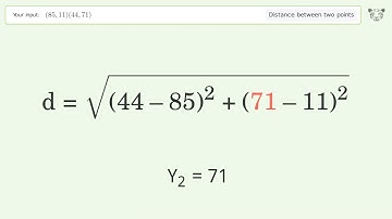 Find the distance between two points p1 (85,11) and p2 (44,71): Step-by-Step Video Solution