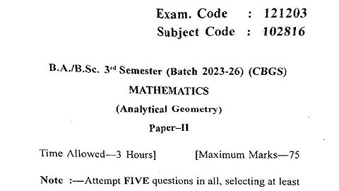 Gndu BSc 3rd Semester Mathematics Question Paper | Mathematics ( Analytical Geometry ) Paper 2024