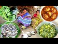 Farm fresh vegetable recipe with small fish and egg masala curry cooking by indian tribal women