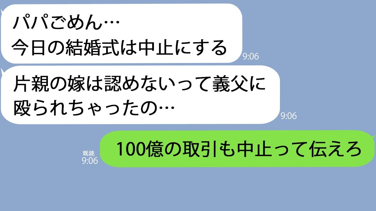 【LINE】結婚式5分前になっても控室から出てこない娘「片親の嫁なんて認めないって義父に殴られた…酷い顔で出られないよ…」俺「結婚式は中止で。100億の取引も中止で」