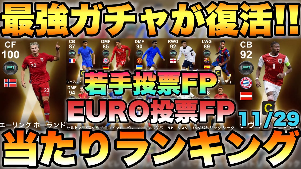 神ガチャ再び 11 29 若手 Euro投票fp使用感ランキング ホーランドが帰ってきた ウイイレ21アプリ 348 ランキング まとめ速報