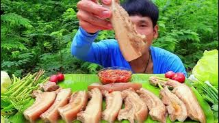 ASMR MUKBANG EATING  MASSIVE Pork Belly with fresh Green vegetable 🥒