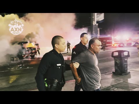 Mad Man Goes Loco on Figueroa | Burning Van | LAPD Handles Him | Figueroa & Century - Los Angeles CA