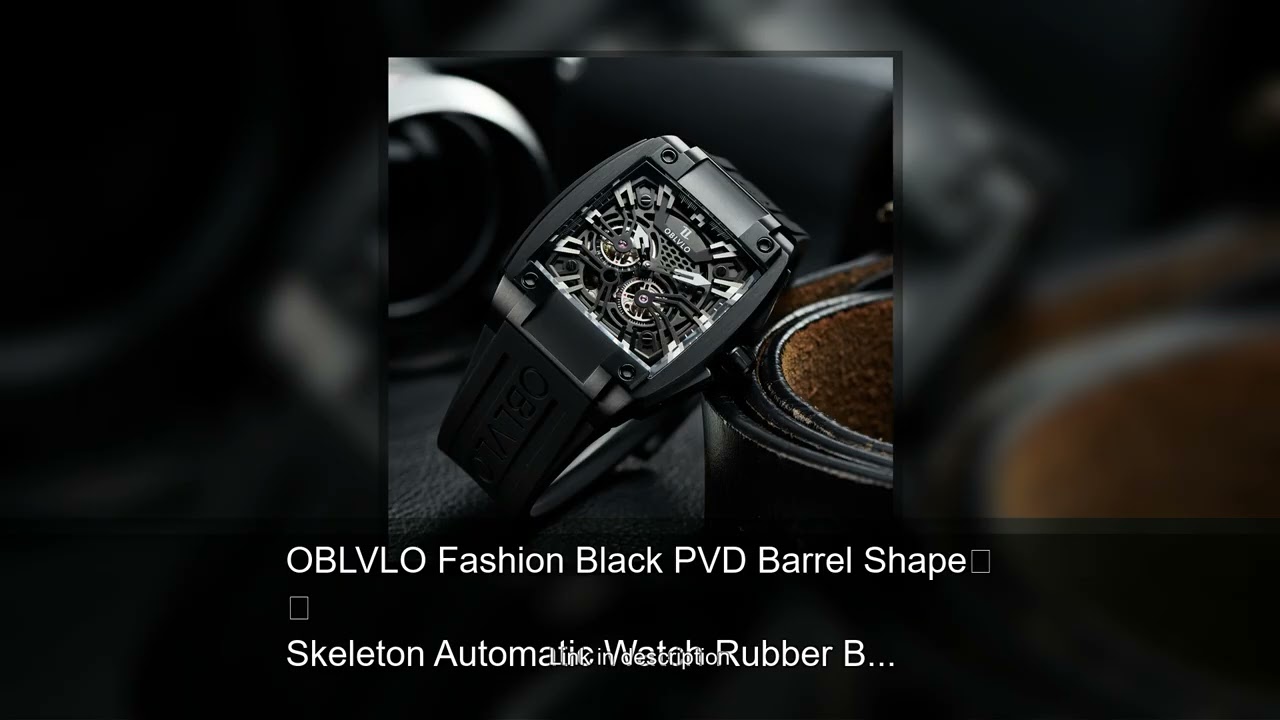 OBLVLO Fashion Black PVD Barrel Shape Skeleton Automatic Watch Rubber Band Waterproof Mechanica