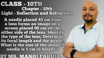 A needle placed 45 cm from a lens forms an image on a screen placed 90 cm on the either side of the