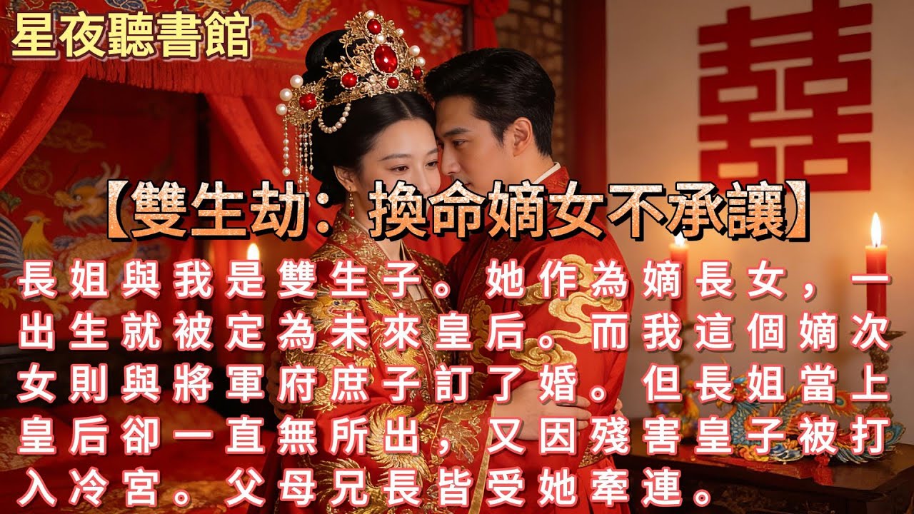 《雙生劫：換命嫡女不承讓》長姐與我是雙生子。她作為嫡長女，一出生就被定為未來皇后。而我這個嫡次女則與將軍府庶子訂了婚。但長姐當上皇后卻一直無所出，又因殘害皇子被打入冷宮。父母兄長皆受她牽連。#有聲小說