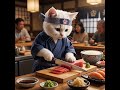 寿司屋の大将になった猫ちゃんがマグロを調理