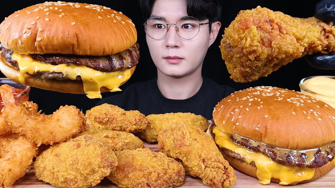 피넛버터스태커 코코넛쉬림프 치즈버거 치킨 먹방ASMR MUKBANG CHEESEBURGERS & FRIED CHICKEN チキン チーズバーガー eating sounds